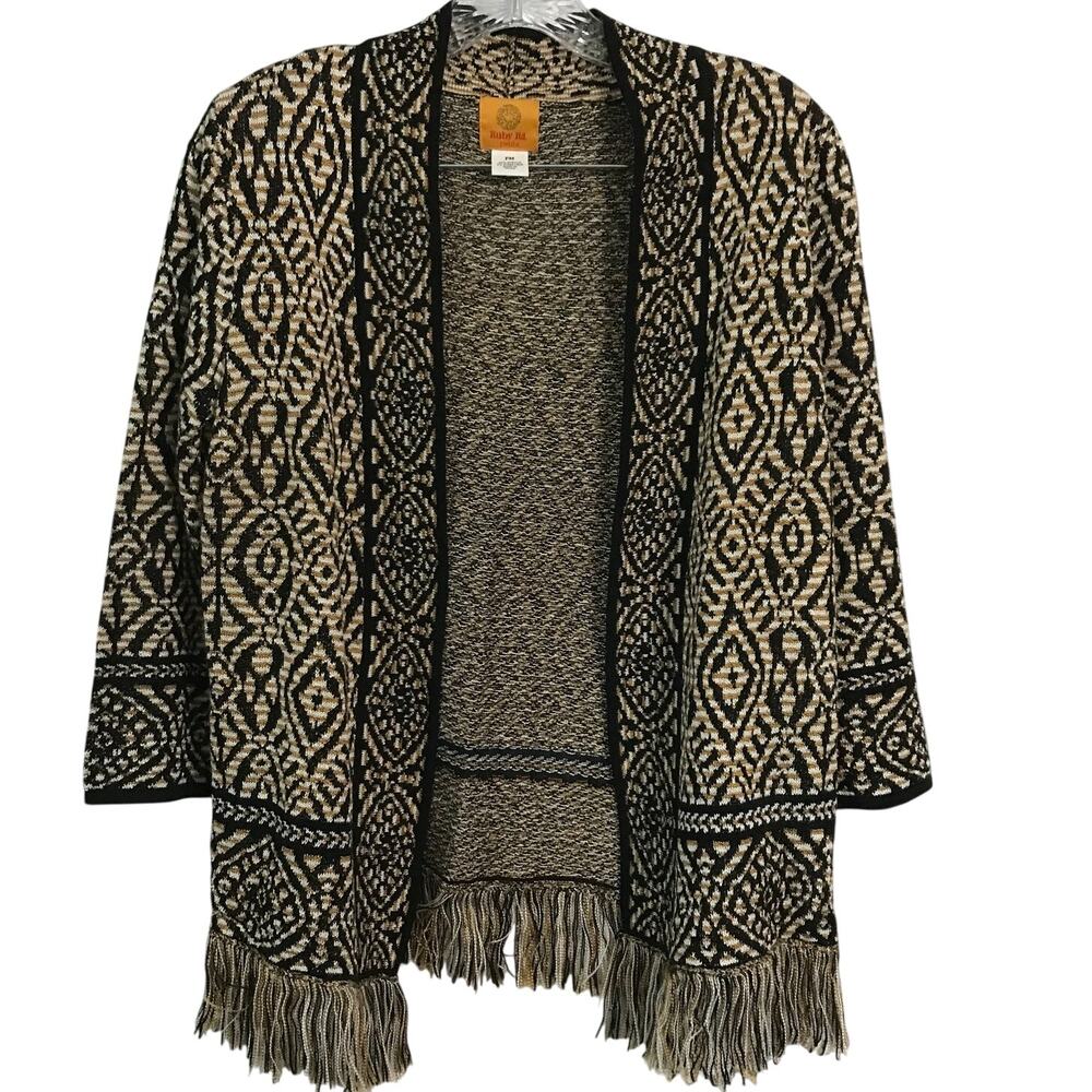 Ruby Rd Sweater Medium Womens Petite Boho Retro Hippie Fringe Black White Gold